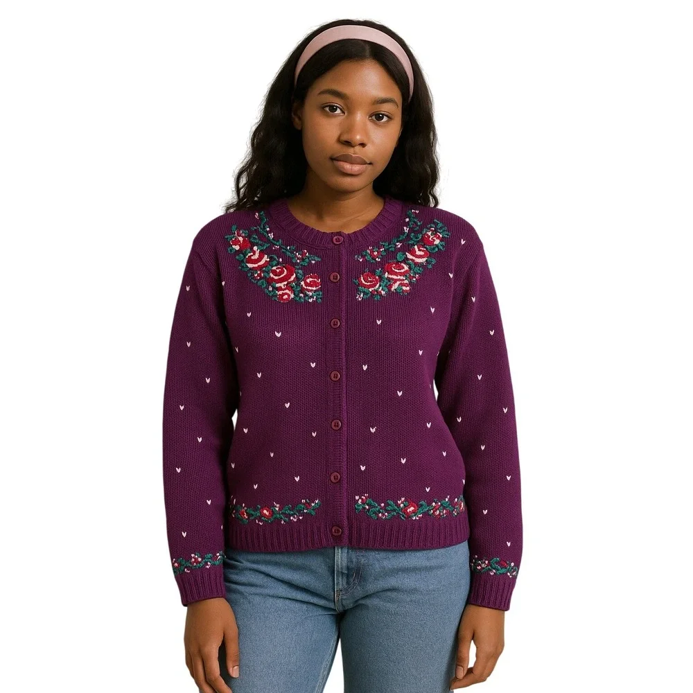 CAPE ISLE KNITTERS VTG Purple Floral Embroidered Cardigan Grandmacore‎ S